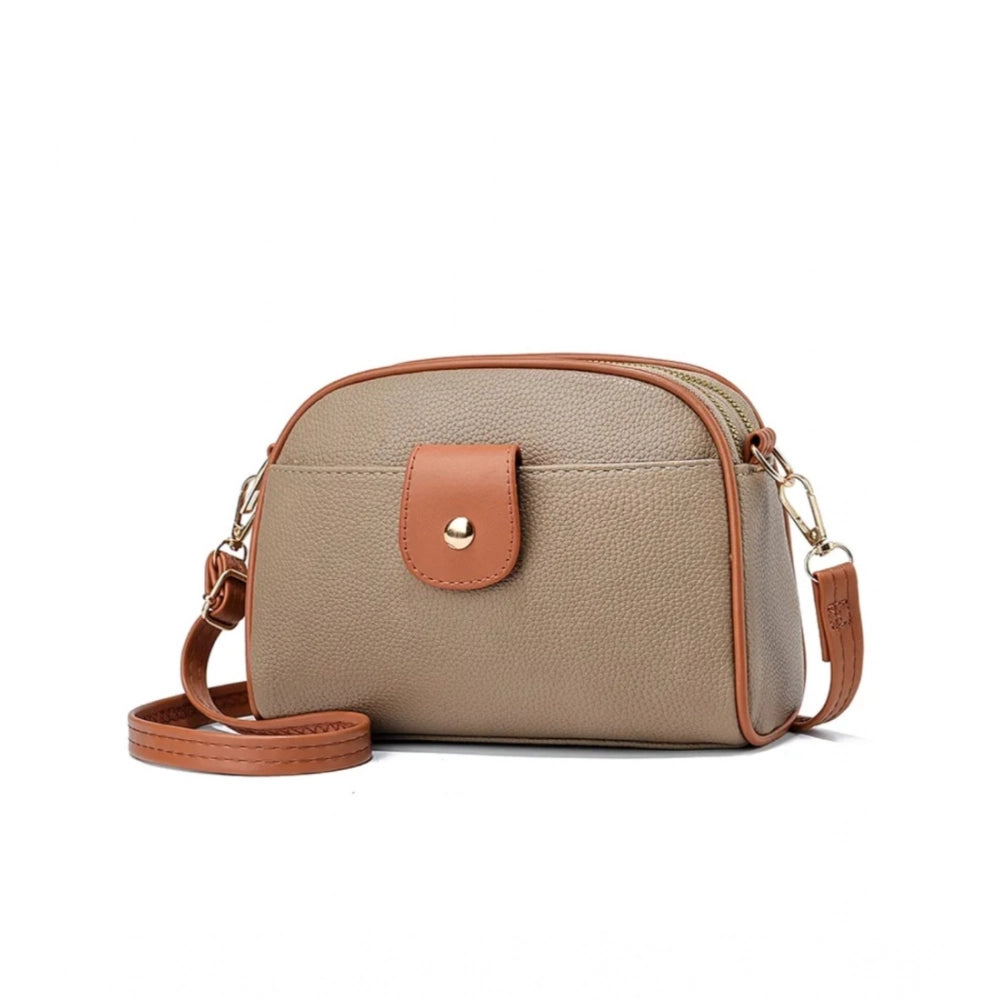 Women's PU Leather Zipper Sling Bag (Khakhi) - POPNOVA