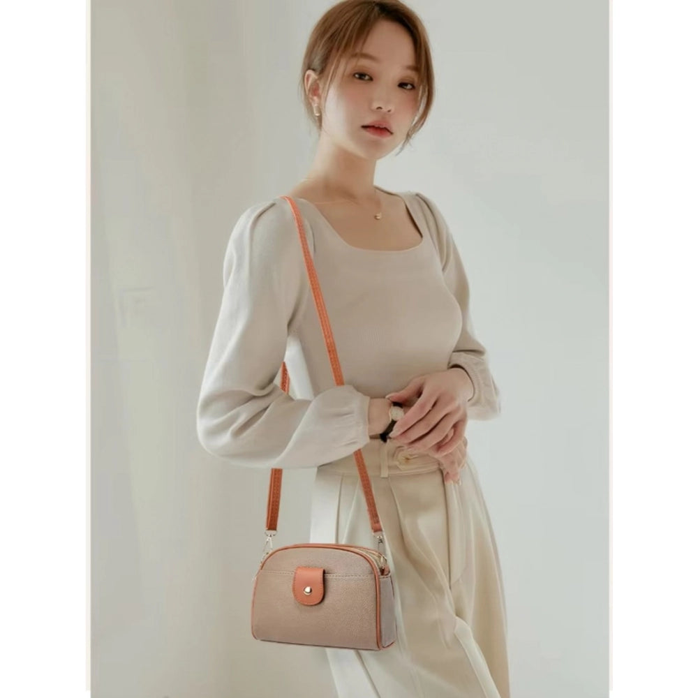 Women's PU Leather Zipper Sling Bag (Khakhi) - POPNOVA