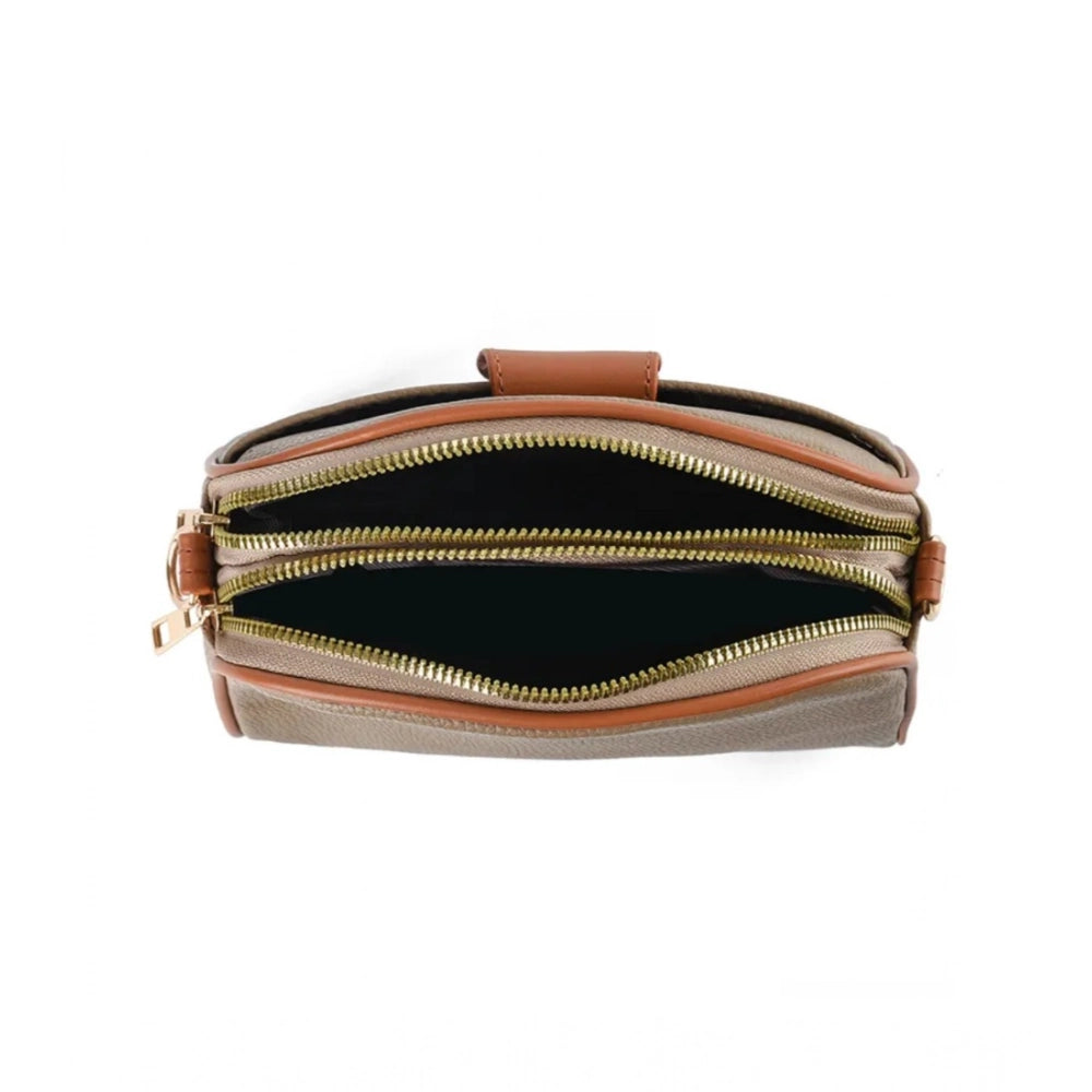 Women's PU Leather Zipper Sling Bag (Khakhi) - POPNOVA