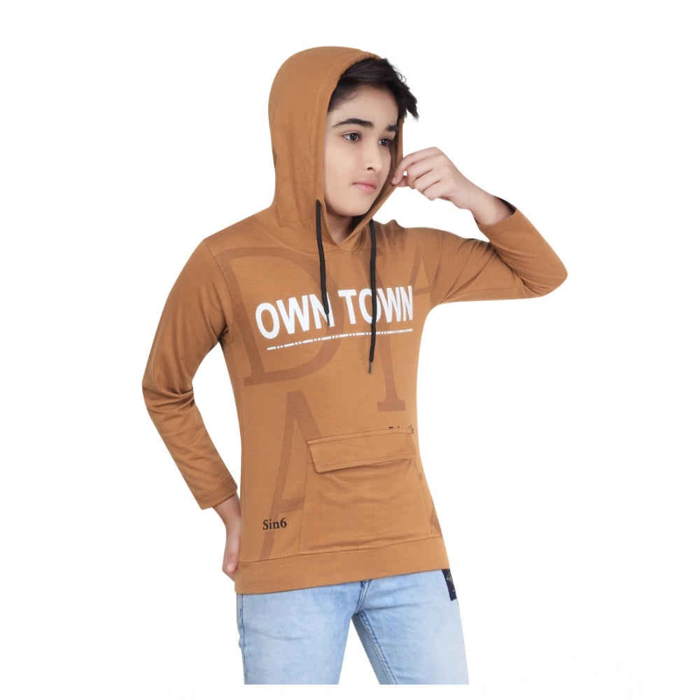 Boy's Cotton Printeded Hooded Neck Hoodies - Brown