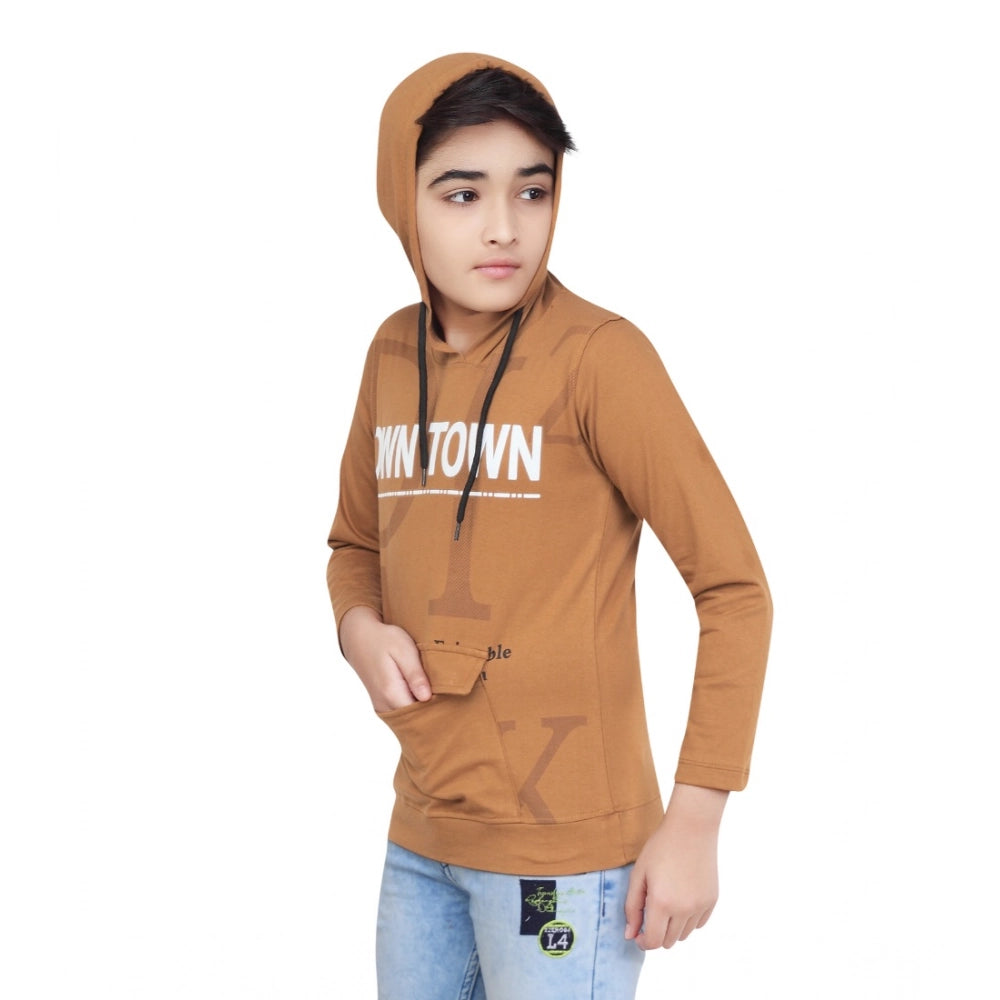 Boy's Cotton Printeded Hooded Neck Hoodies - Brown
