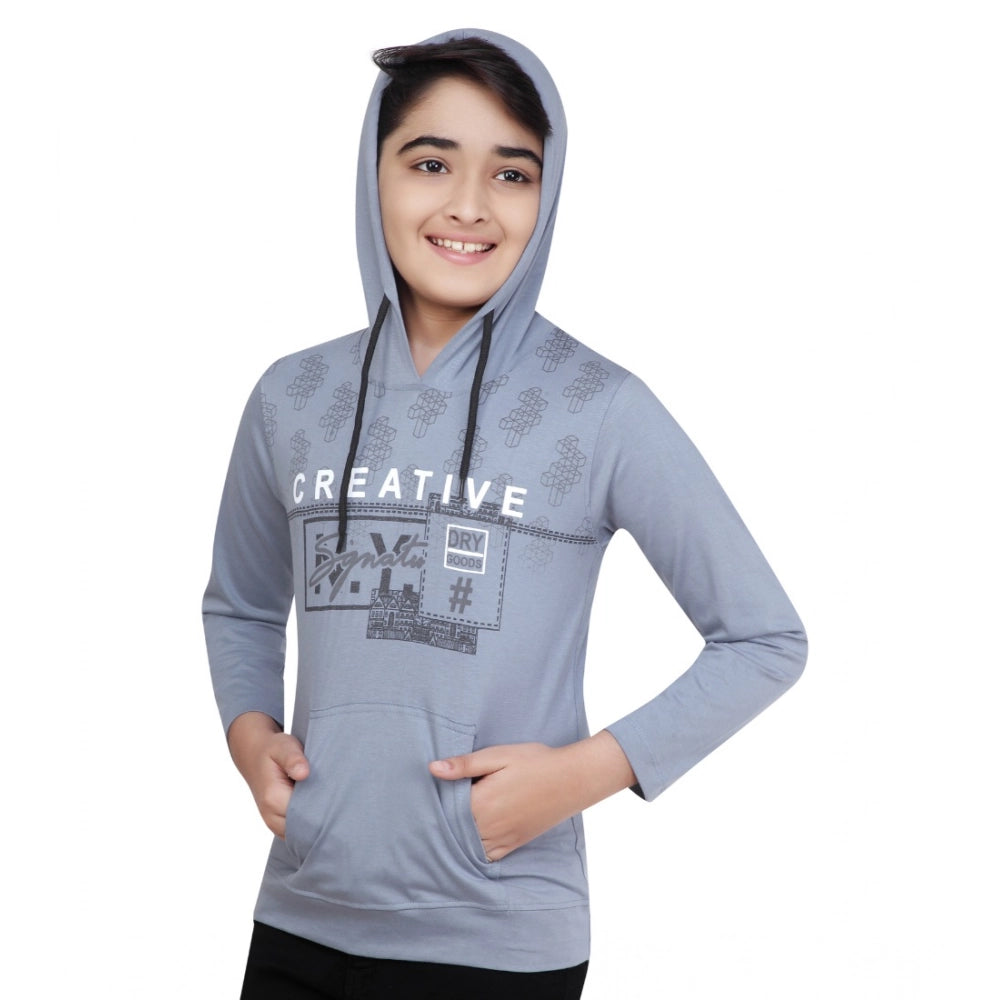 Boy's Cotton Printeded Hooded Neck Hoodies - Steel Blue