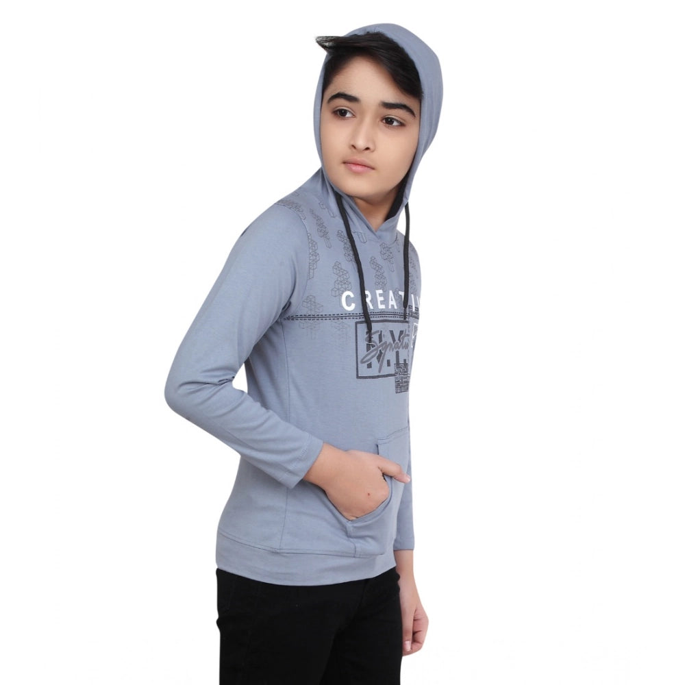 Boy's Cotton Printeded Hooded Neck Hoodies - Steel Blue