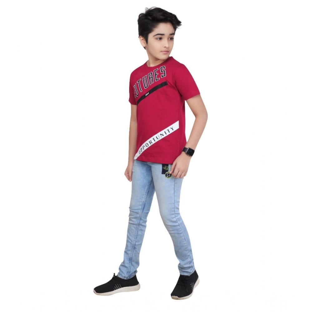 Boy's Cotton Grapic Printed Round Neck T-Shirt - Marron