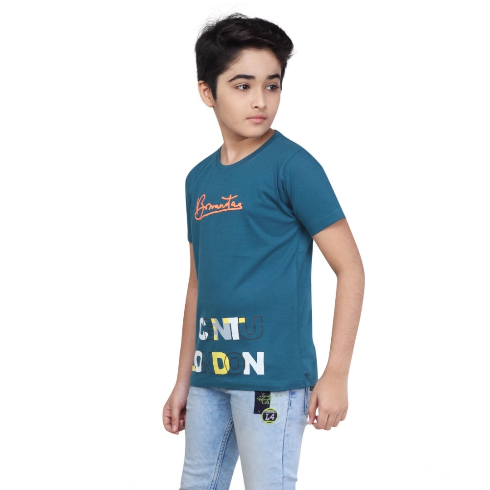 Boy's Cotton Grapic Printed Round Neck T-Shirt - Teal Green