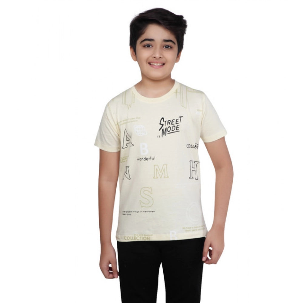 Boy's Cotton Grapic Printed Round Neck T-Shirt - Beige