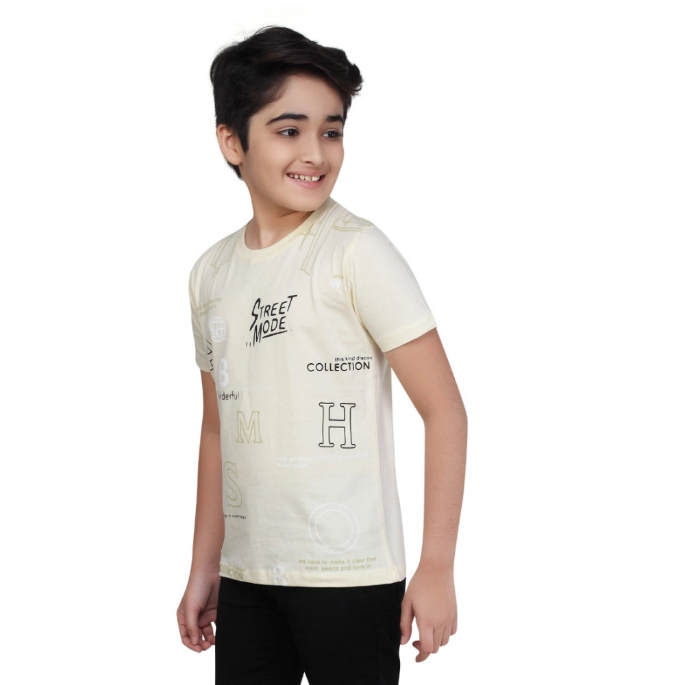 Boy's Cotton Grapic Printed Round Neck T-Shirt - Beige