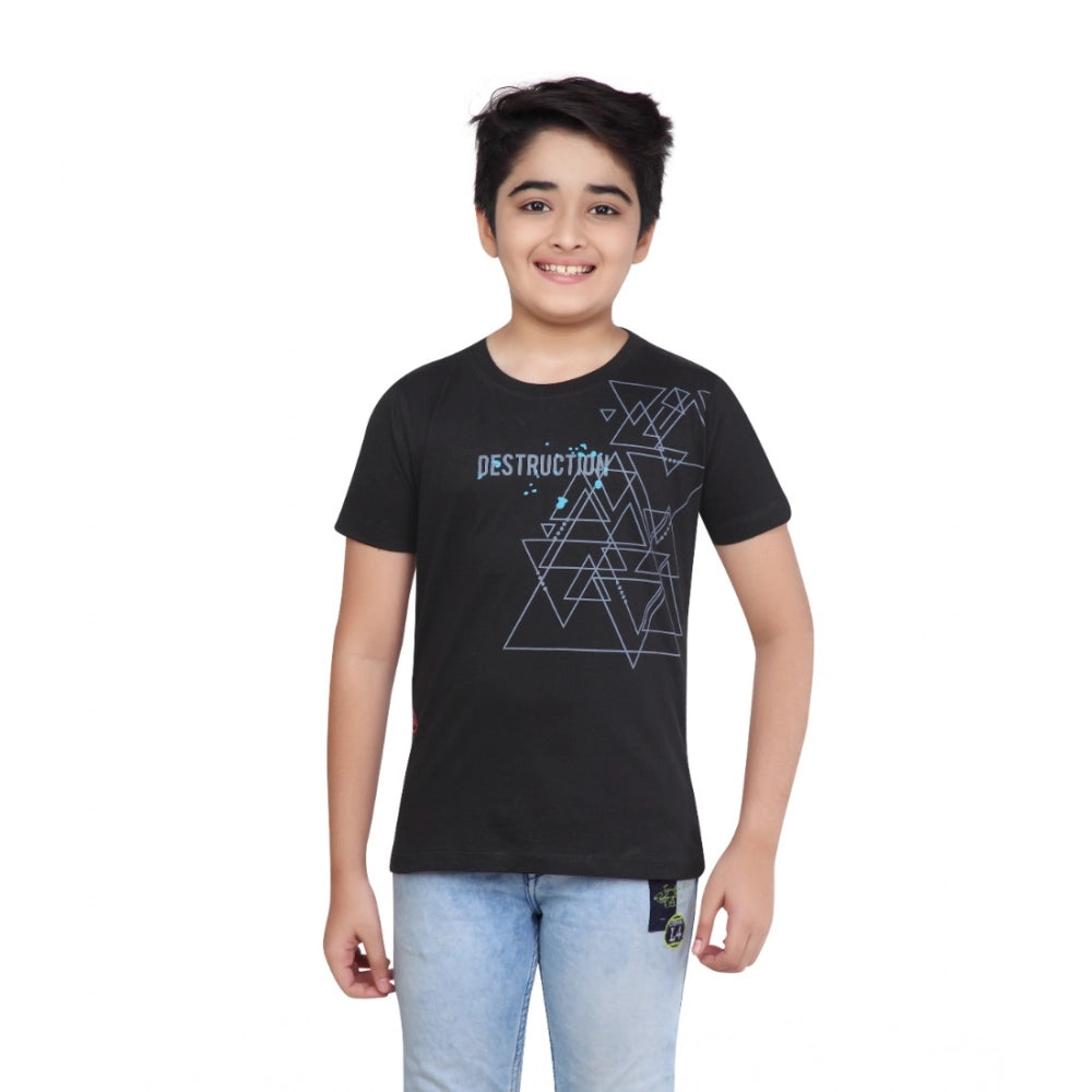 Boy's Cotton Grapic Printed Round Neck T-Shirt - Black