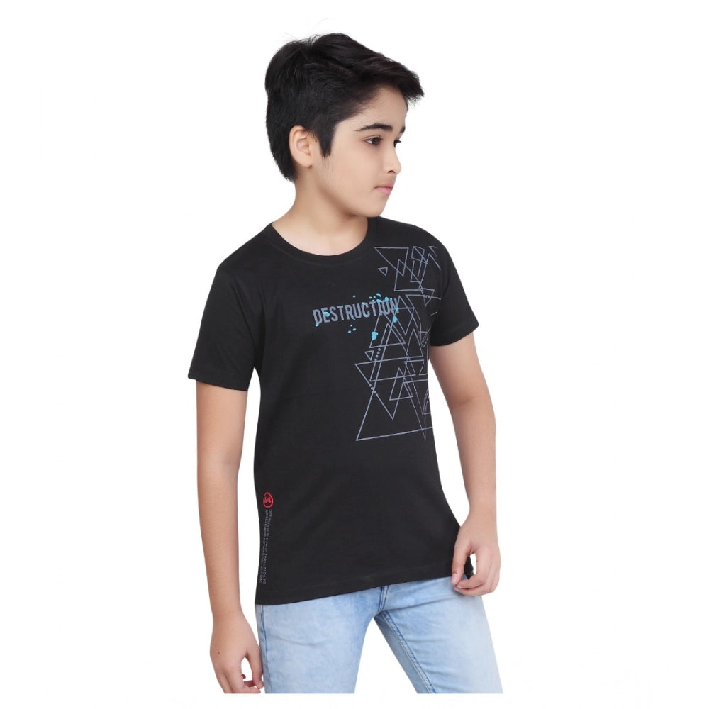 Boy's Cotton Grapic Printed Round Neck T-Shirt - Black