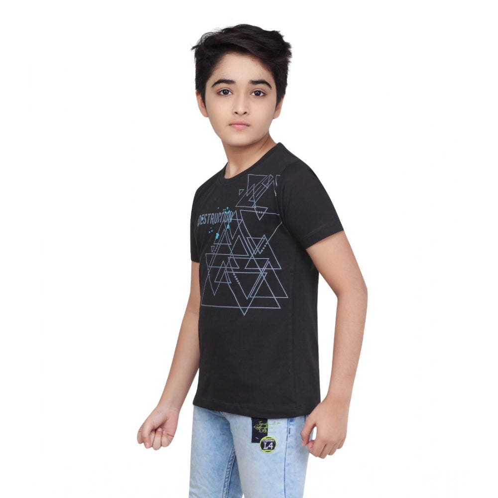 Boy's Cotton Grapic Printed Round Neck T-Shirt - Black