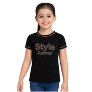 Girl's Cotton Printeded Round Neck T-Shirt - Black