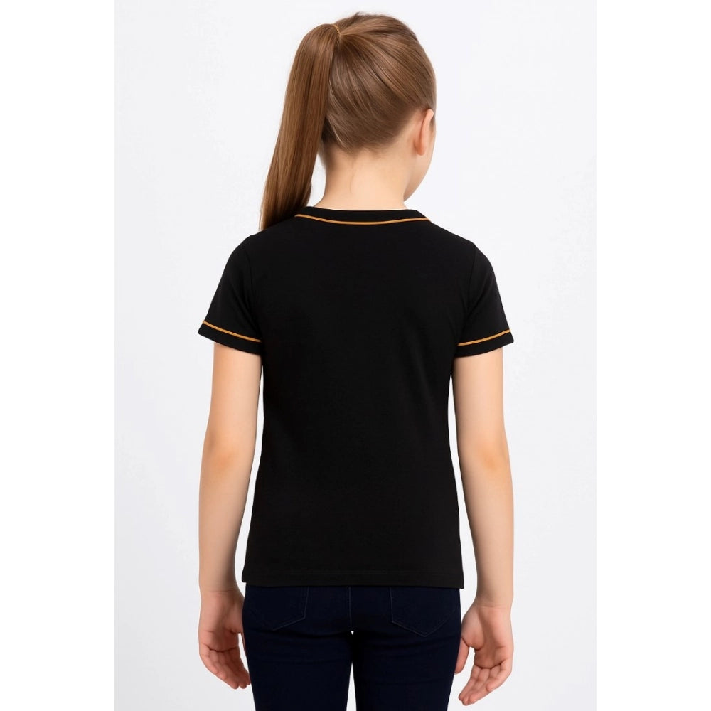 Girl's Cotton Printeded Round Neck T-Shirt - Black