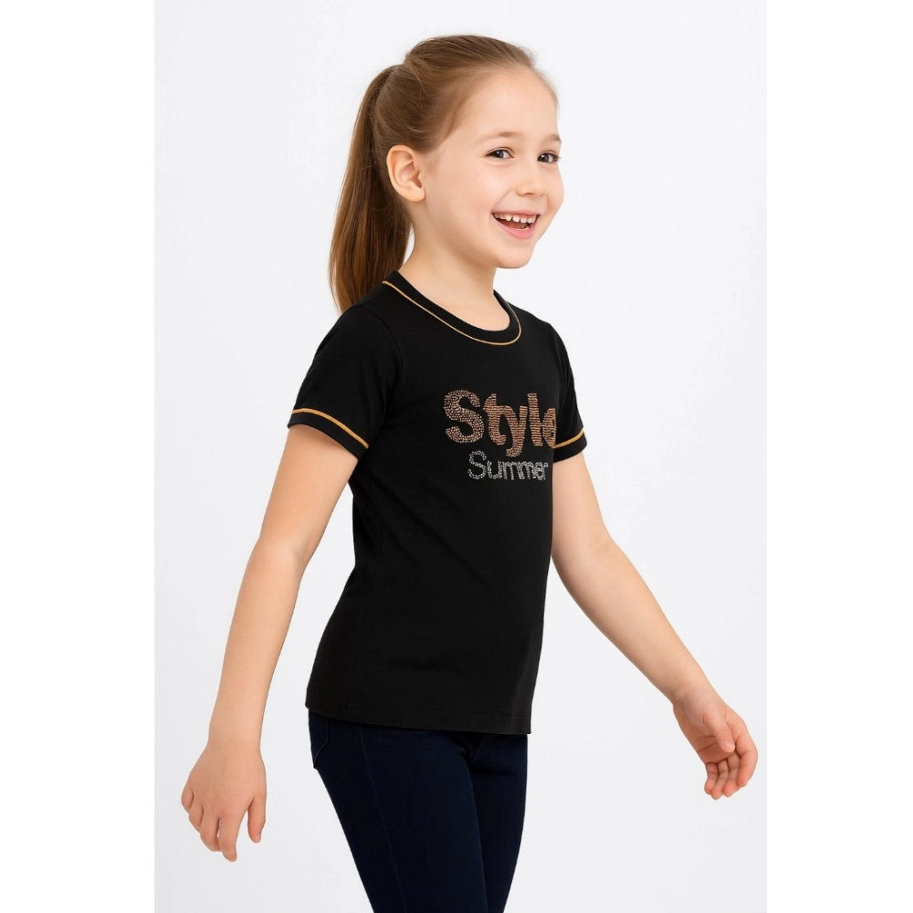 Girl's Cotton Printeded Round Neck T-Shirt - Black