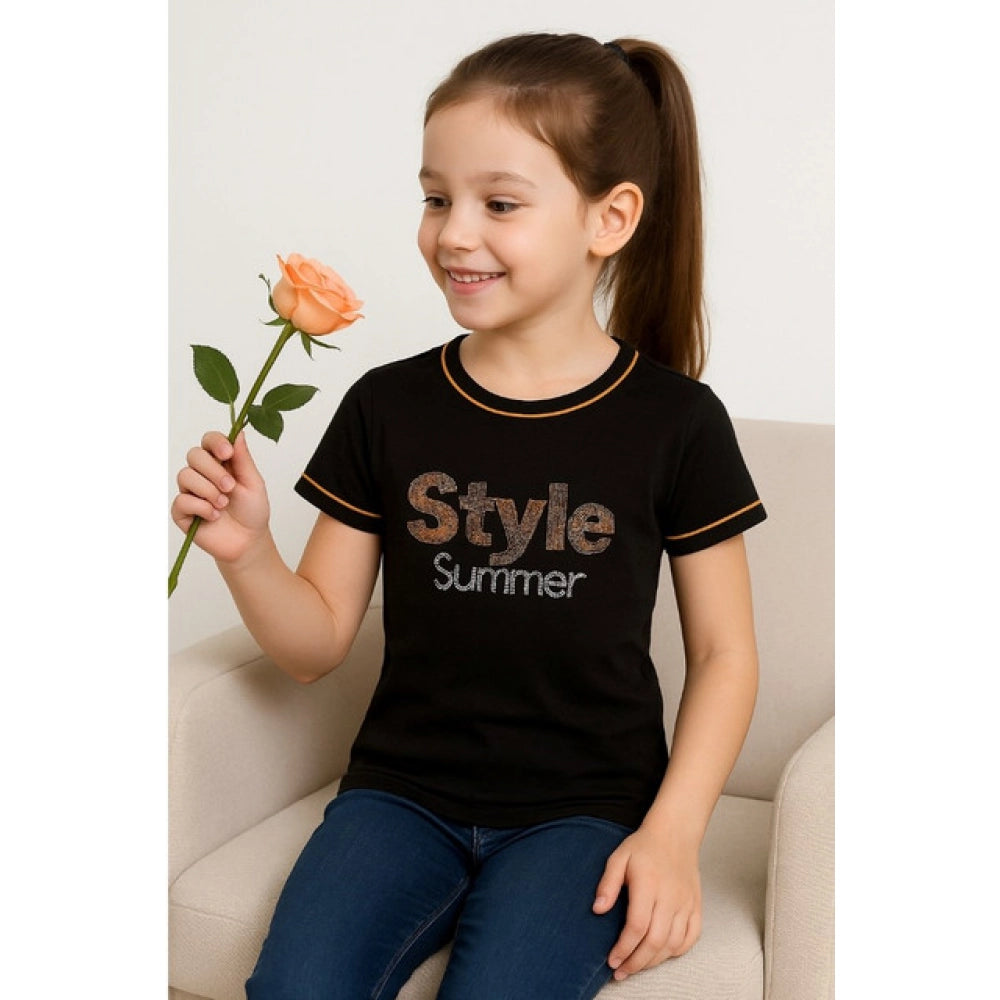 Girl's Cotton Printeded Round Neck T-Shirt - Black