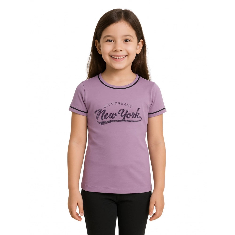 Girl's Cotton Printeded Round Neck T-Shirt - Lavander