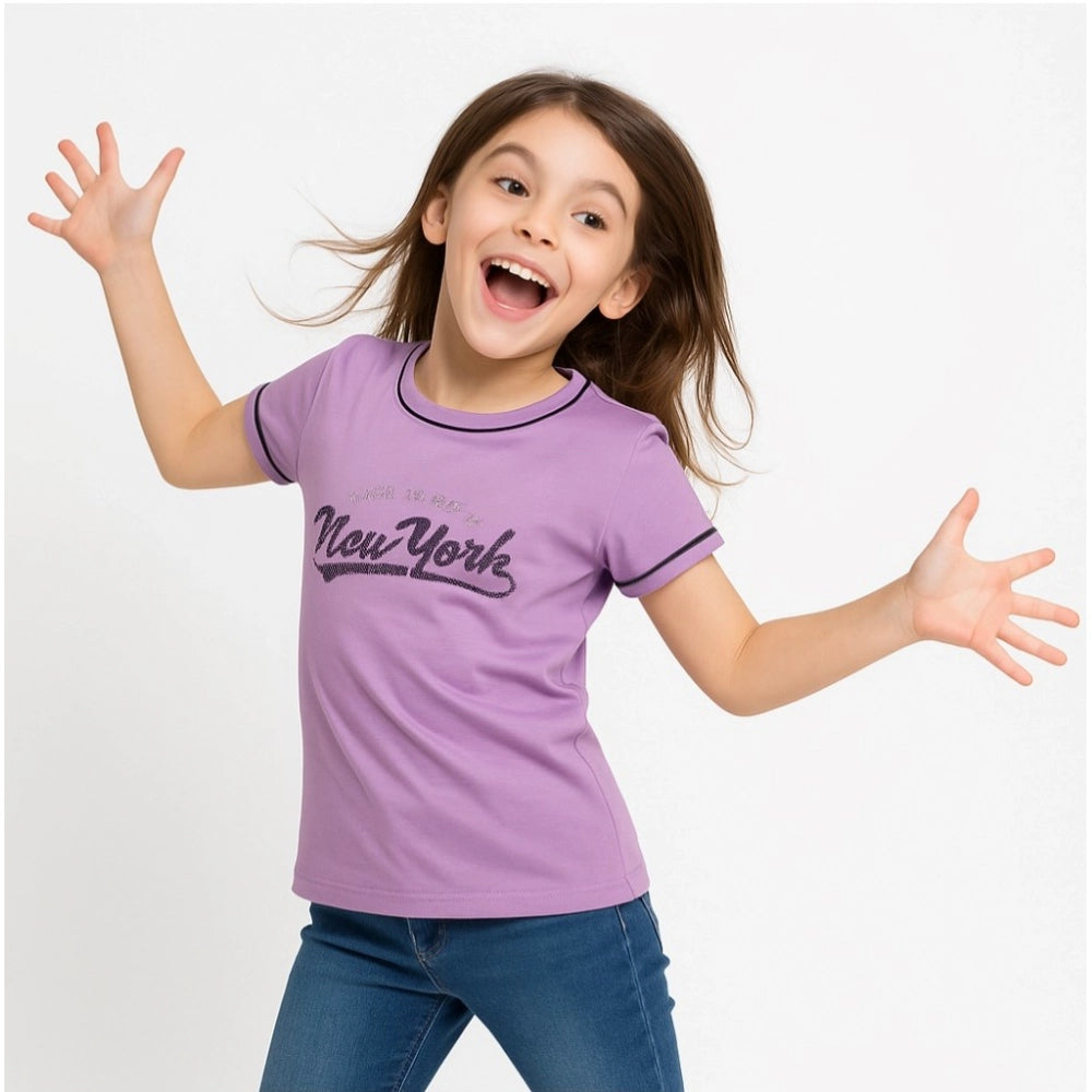 Girl's Cotton Printeded Round Neck T-Shirt - Lavander