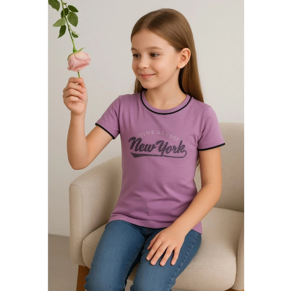 Girl's Cotton Printeded Round Neck T-Shirt - Lavander