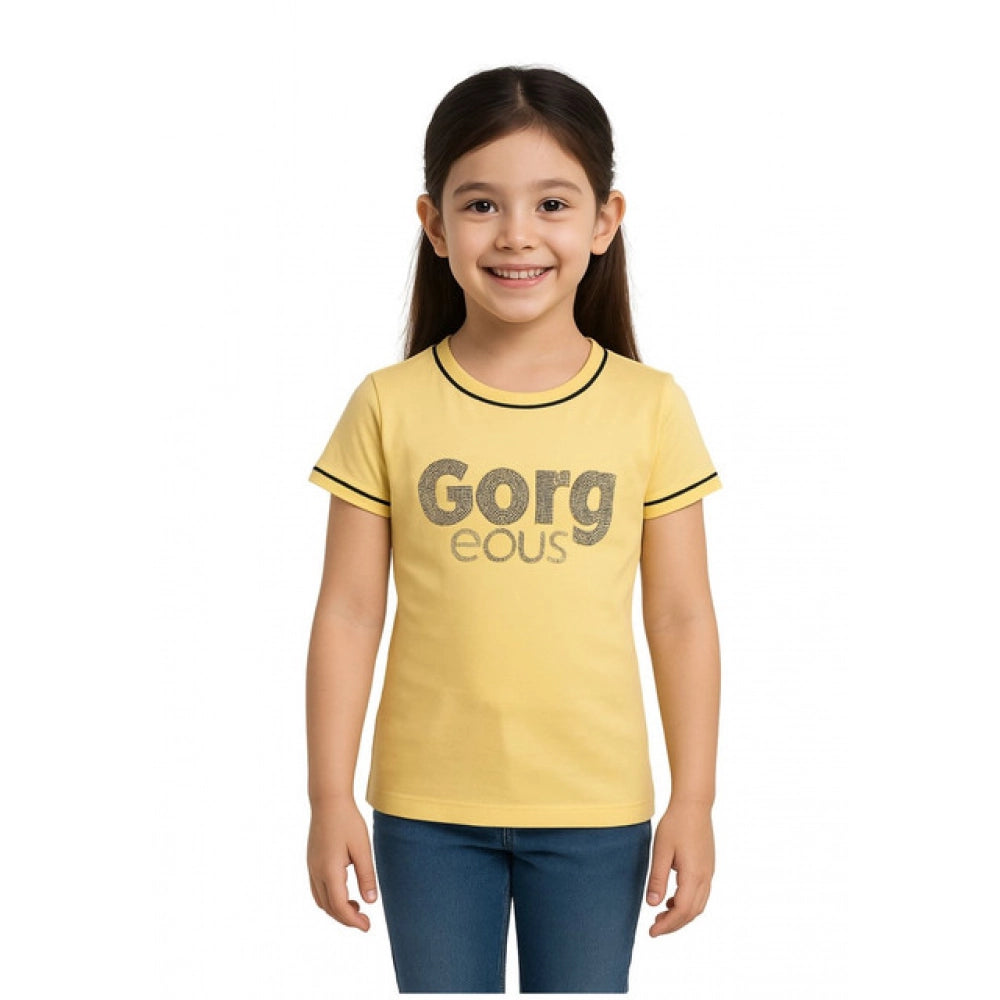 Girl's Cotton Printeded Round Neck T-Shirt - Yellow