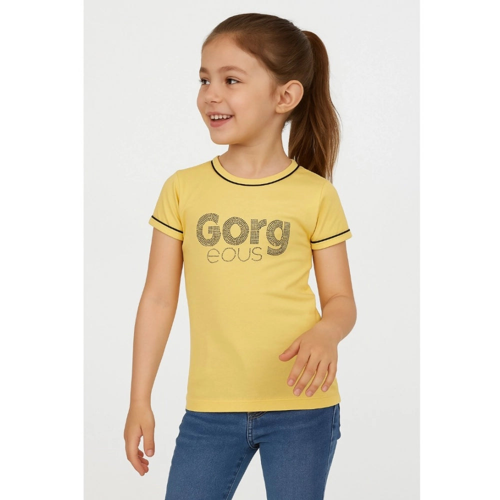 Girl's Cotton Printeded Round Neck T-Shirt - Yellow