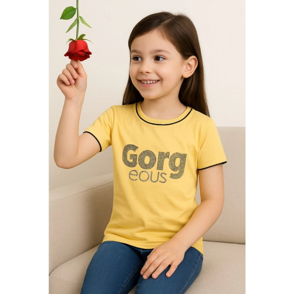 Girl's Cotton Printeded Round Neck T-Shirt - Yellow