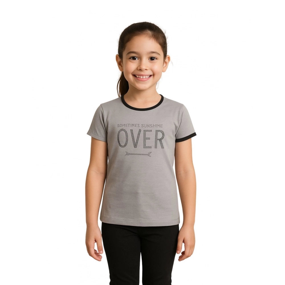 Girl's Cotton Printeded Round Neck T-Shirt - Grey