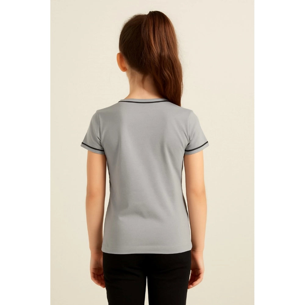 Girl's Cotton Printeded Round Neck T-Shirt - Grey