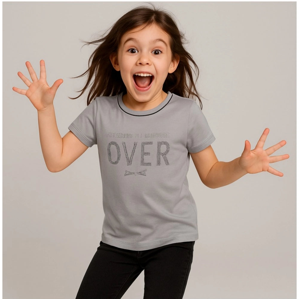 Girl's Cotton Printeded Round Neck T-Shirt - Grey