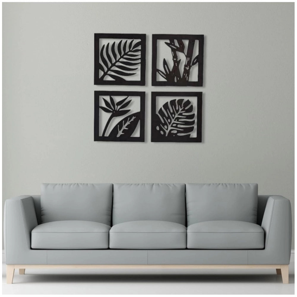 7 Decore Wooden 4 Pieces Square Tree Leaf Wall Art Panel Frame – Black (Big Size) | Home Accessories