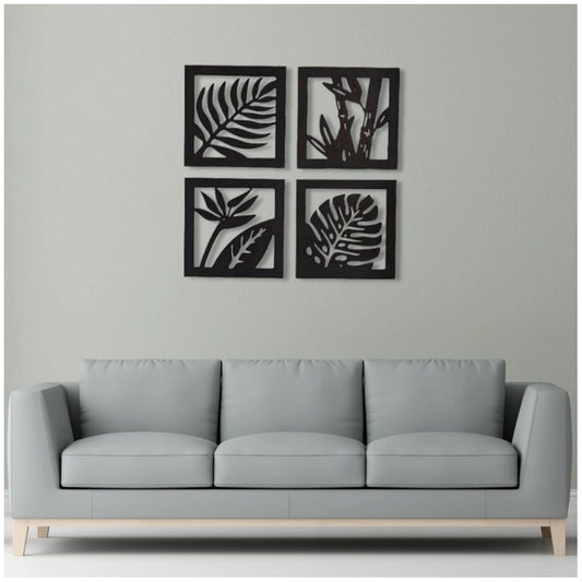 7 Decore Wooden 4 Pieces Square Tree Leaf Wall Art Panel Frame – Black (Big Size) | Home Accessories