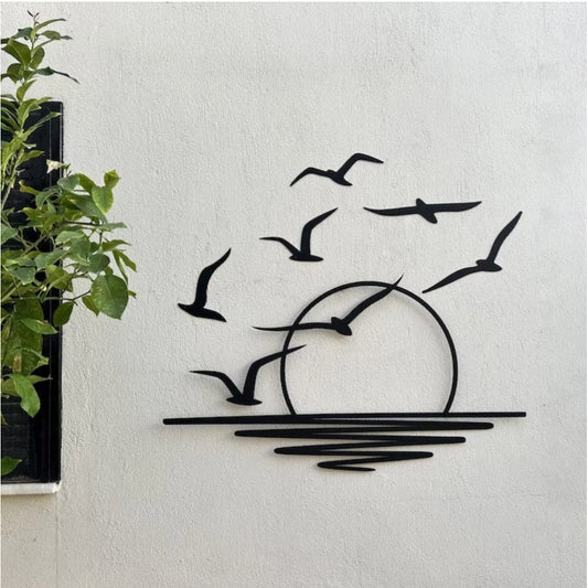 Seagulls at Sunrise Coastal Wooden Wall Decor – Black | Home Accessories