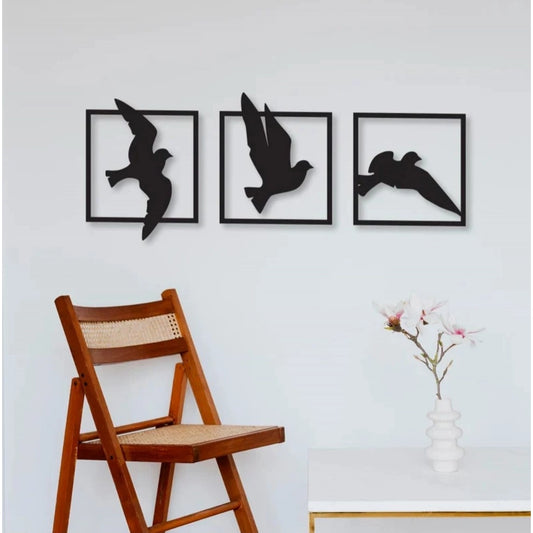 Birds in Frame Wooden Wall Decor – Set of 3 Panels (Black) | Home Accessories
