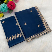 Women's Georgette Embroidered Saree With Unstitched Blouse 5.5 Mtr (Blue)