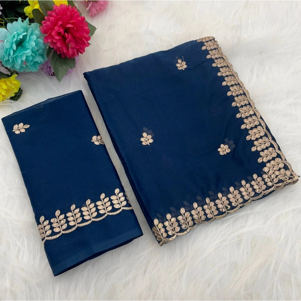 Women's Georgette Embroidered Saree With Unstitched Blouse 5.5 Mtr (Blue)