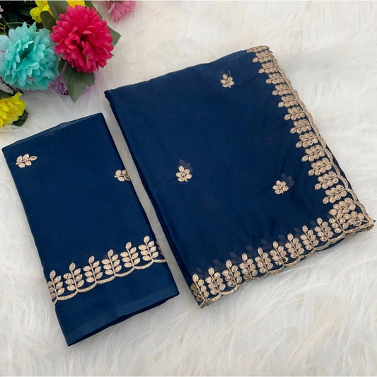 Women's Georgette Embroidered Saree With Unstitched Blouse 5.5m (Blue)