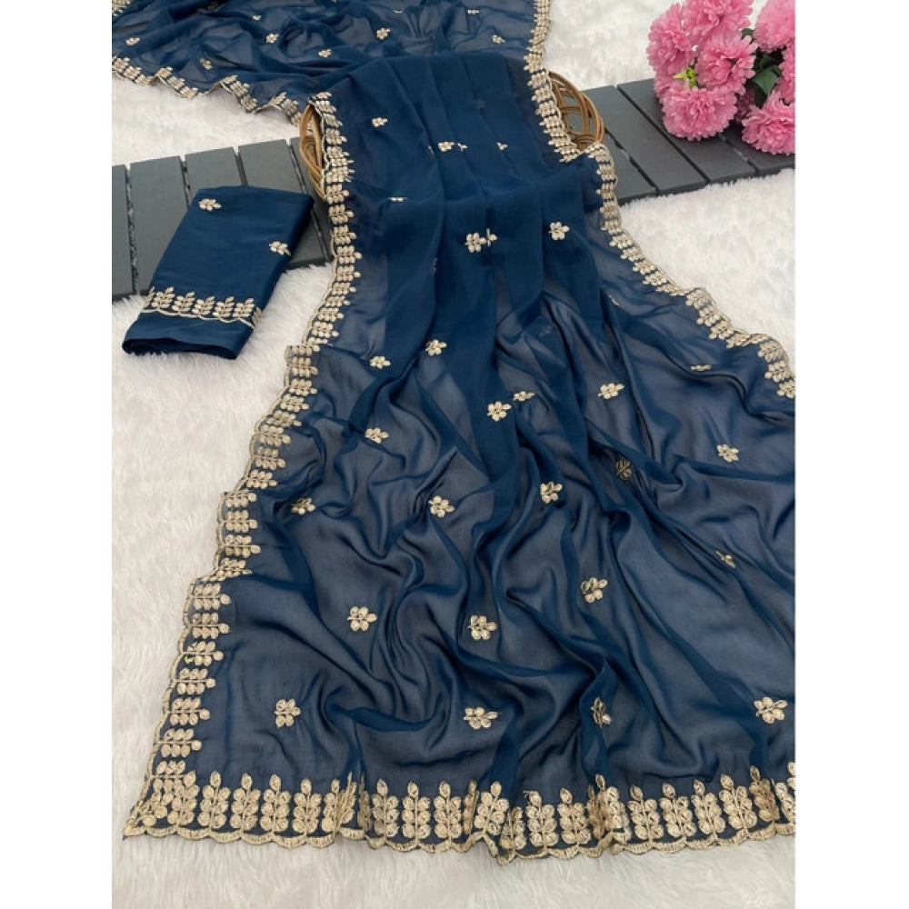 Women's Georgette Embroidered Saree With Unstitched Blouse 5.5 Mtr (Blue)