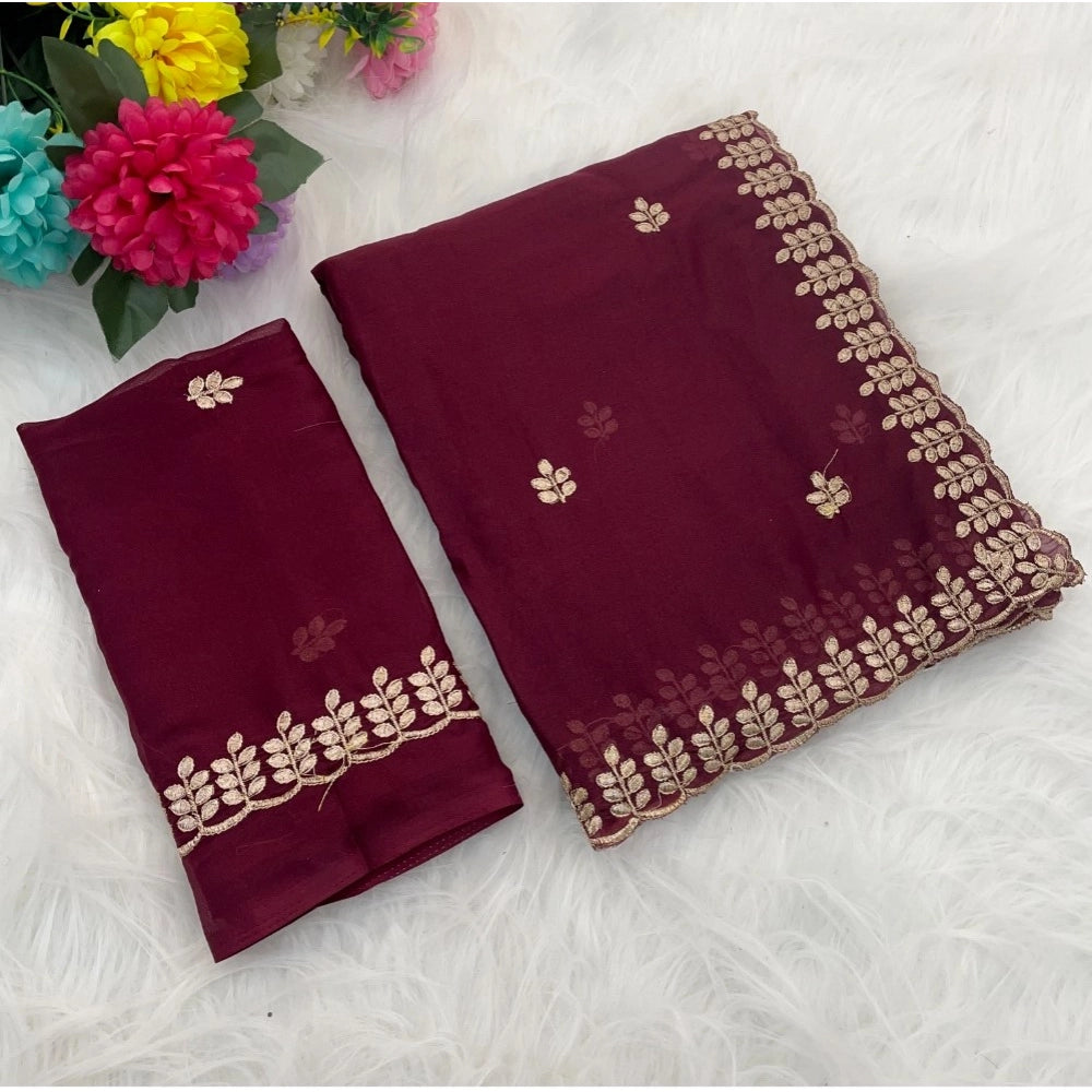 Women's Georgette Embroidered Saree With Unstitched Blouse 5.5 Mtr (Red)