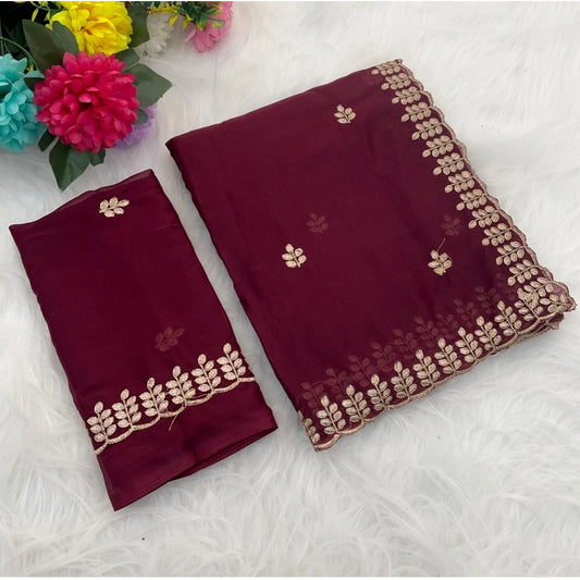 Women's Georgette Embroidered Saree With Unstitched Blouse 5.5m (Red)