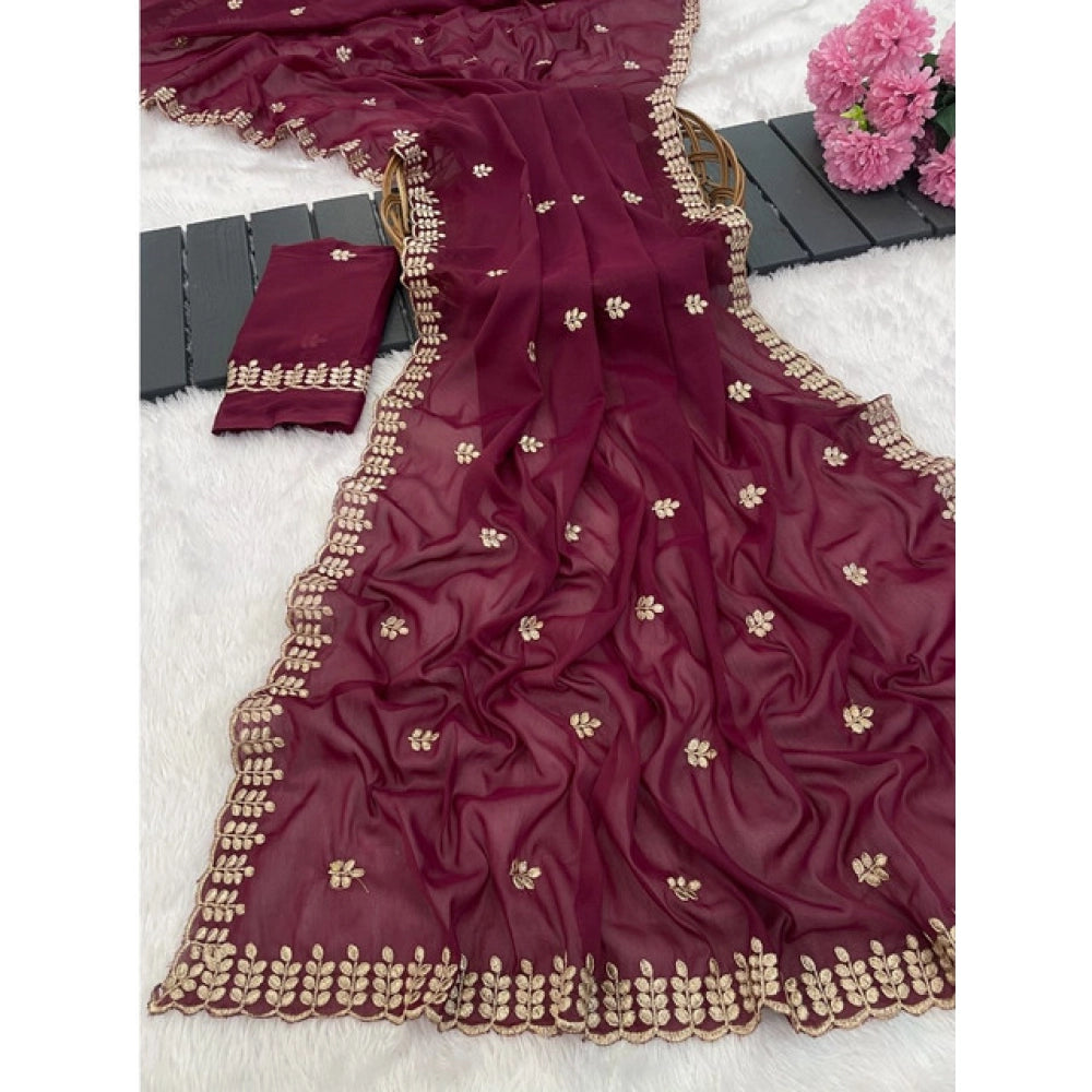 Women's Georgette Embroidered Saree With Unstitched Blouse 5.5 Mtr (Red)