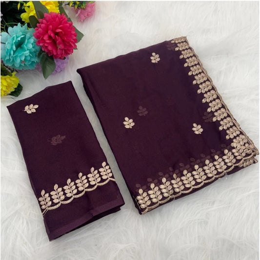Women's Georgette Embroidered Saree With Unstitched Blouse 5.5m (Wine)