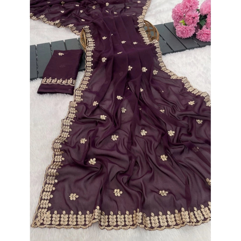Women's Georgette Embroidered Saree With Unstitched Blouse 5.5 Mtr (Wine)