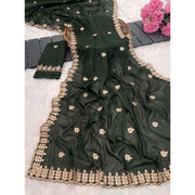 Women's Georgette Embroidered Saree With Unstitched Blouse 5.5 Mtr (Green)