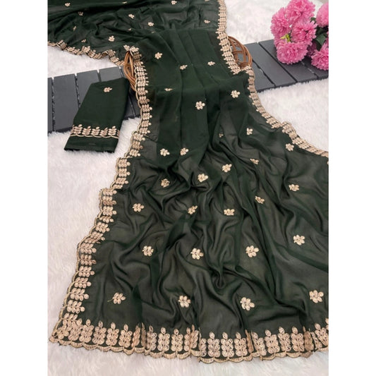 Women's Georgette Embroidered Saree With Unstitched Blouse 5.5m (Green)