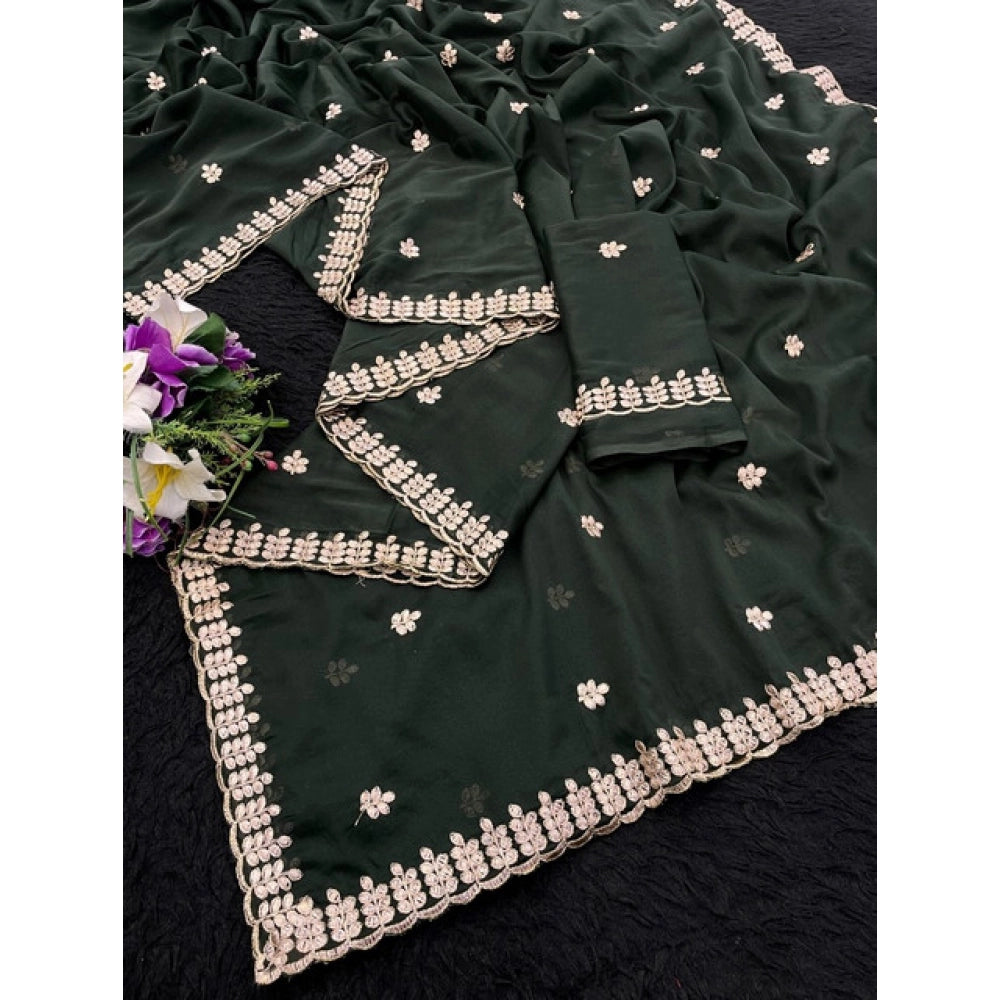 Women's Georgette Embroidered Saree With Unstitched Blouse 5.5 Mtr (Green)