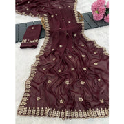Women's Georgette Embroidered Saree With Unstitched Blouse 5.5 Mtr (Maroon)