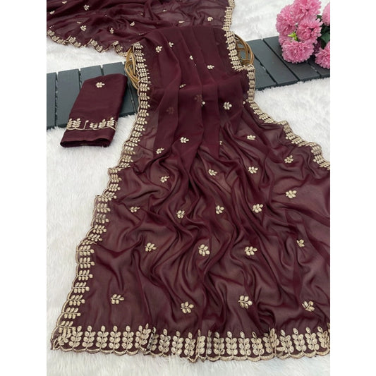 Women's Georgette Embroidered Saree With Unstitched Blouse 5.5m (Maroon)