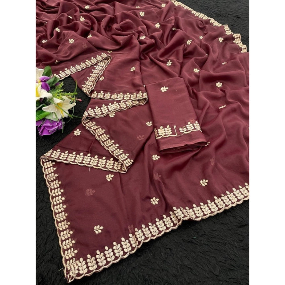 Women's Georgette Embroidered Saree With Unstitched Blouse 5.5 Mtr (Maroon)