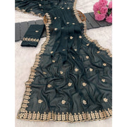 Women's Georgette Embroidered Saree With Unstitched Blouse 5.5 Mtr (Teal)