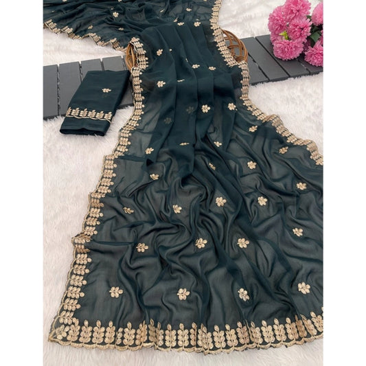 Women's Georgette Embroidered Saree With Unstitched Blouse 5.5m (Teal)