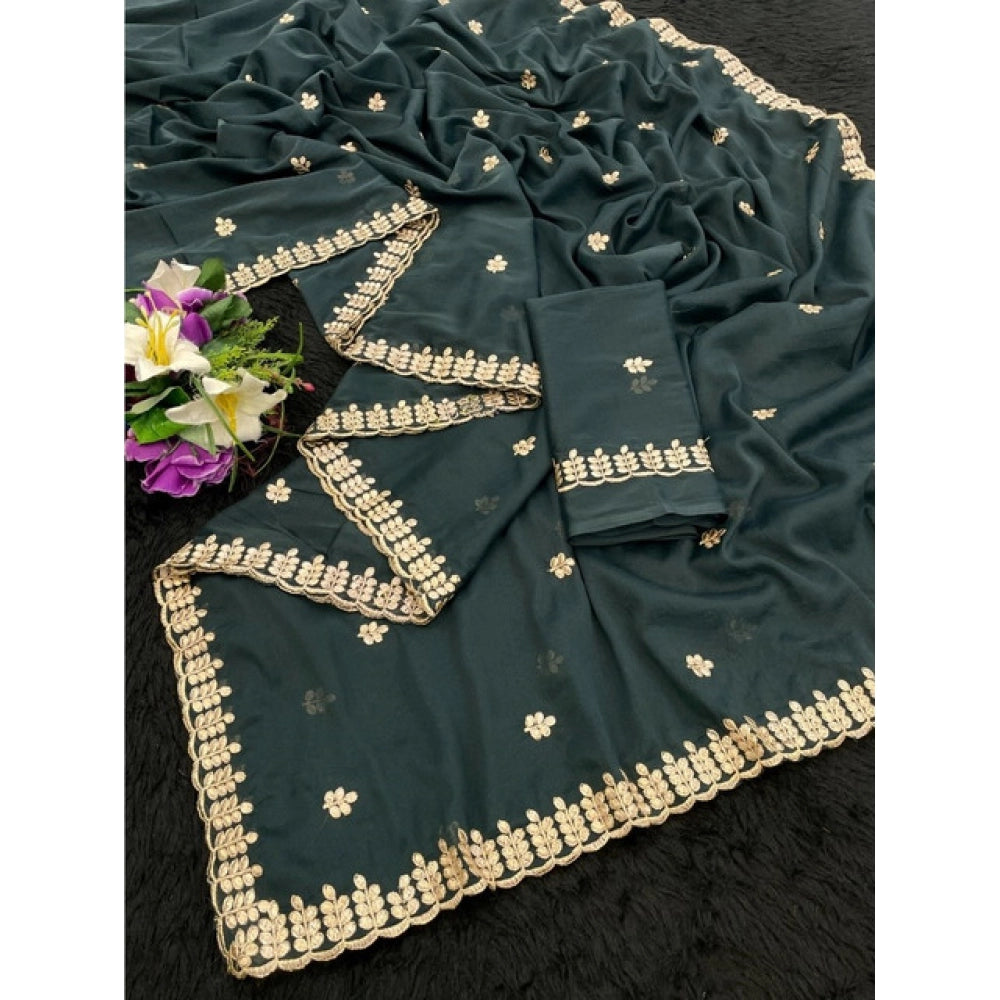 Women's Georgette Embroidered Saree With Unstitched Blouse 5.5 Mtr (Teal)
