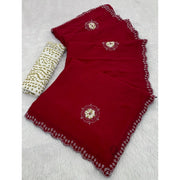 Women's Chiffon Butti Dotted Saree With Unstitched Blouse 5.5 Mtr (Red)